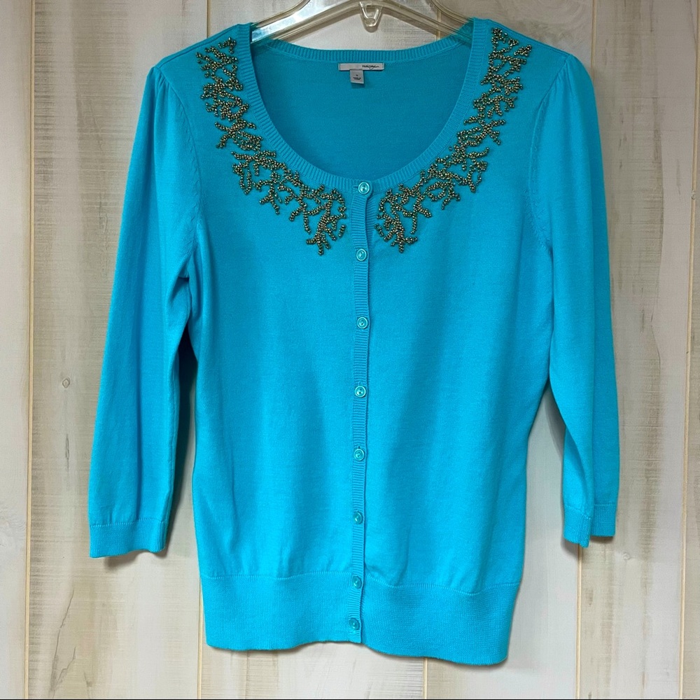 Halogen Turquoise Cardigan Gold Bead Accent S